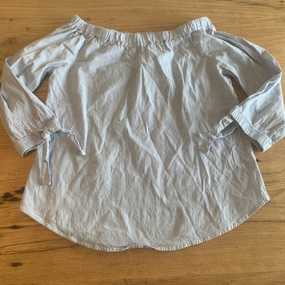 Potter’s Pot Off Shoulder Pinstripe 3/4 Balloon Sleeve Blue White Women’s Large